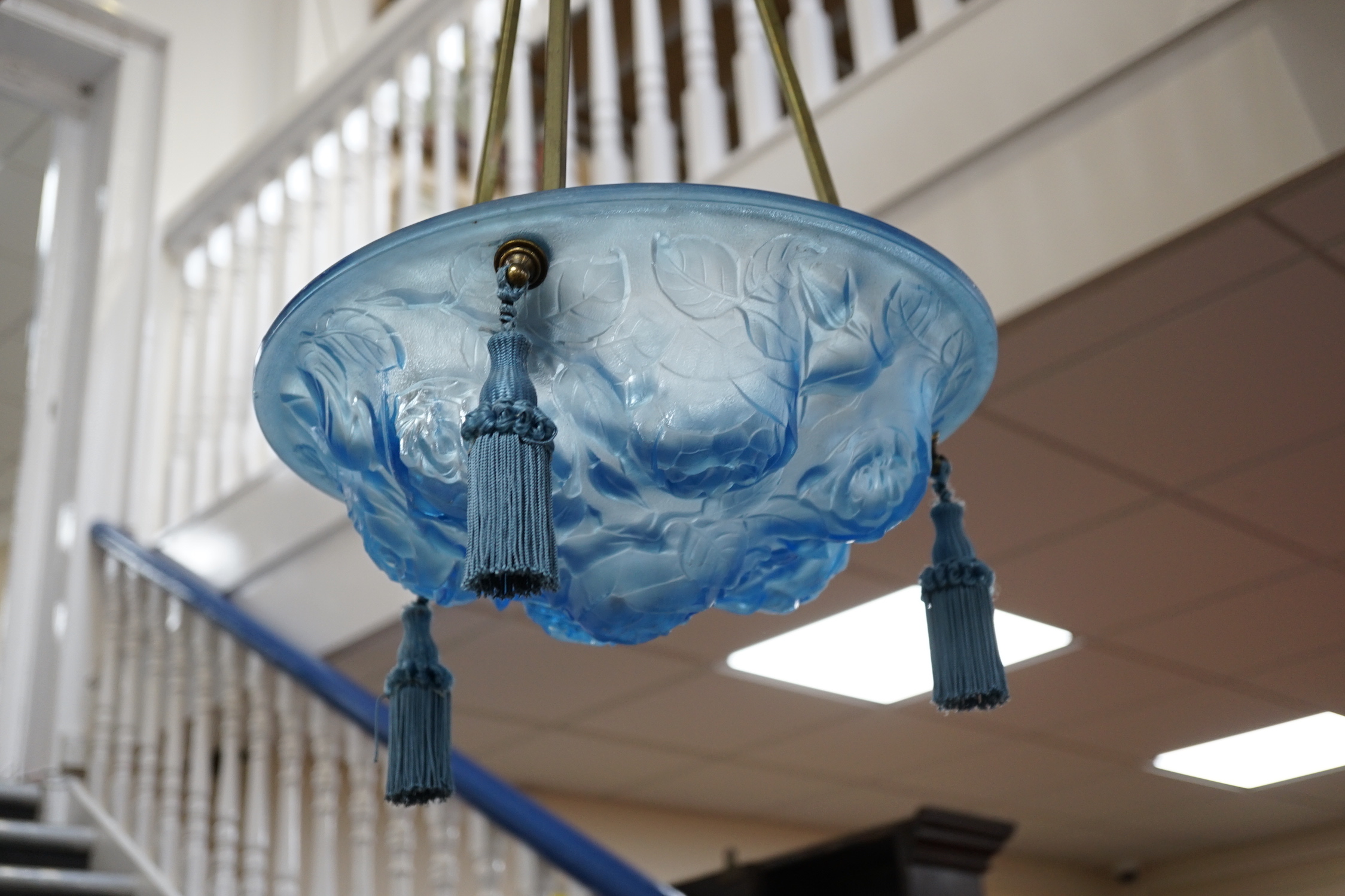 An Art Deco frosted blue glass plaffonier, 34.5cm